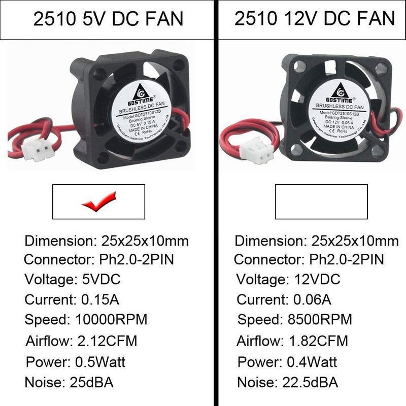 GDSTIME 25mm x 25mm x 10mm 5v Small DC Brushless Cooling Fan - Image 2